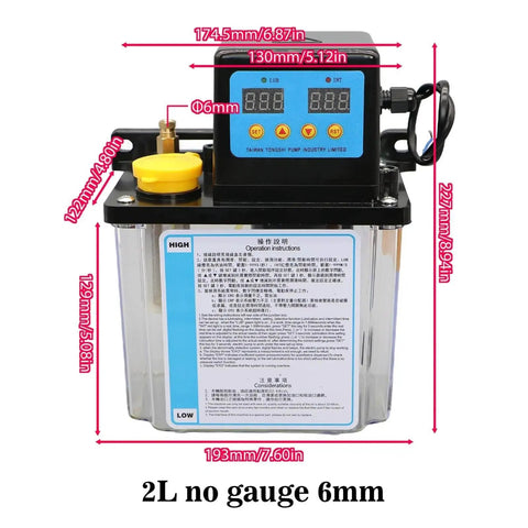 Front view of 2L Dual Voltage CNC Lubrication Pump System Kit with 6mm tubing