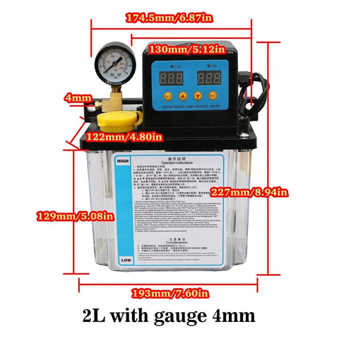 2L CNC Oil Lubrication Pump System with gauge and 4mm fittings, front view.