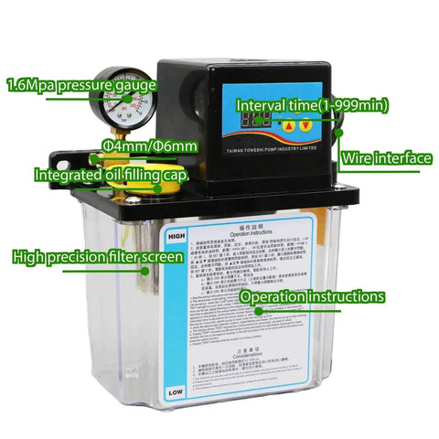 2L CNC Oil Lubrication Pump Kit With Auto Lubrication System, 4mm And 6mm Nozzles, integrated oil filling cap, visible pressure gauge