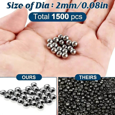 2mm Stainless Steel Precision Balls Set, 1500 Pcs of 304 Grade Bearing Balls in hand, size comparison ours vs theirs