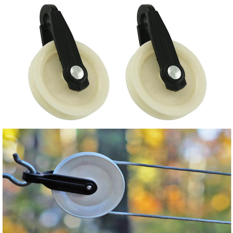 2PCS 2 Inch Nylon Clothesline Pulley, Outdoor Puller Rope Wire Rope Pulley, showing two nylon pulleys and installed on outdoor clothesline