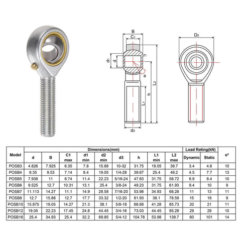 2pcs POSB6 Male Rod End Bearing with 3/8 Inch Bore and 3/8-24 Right Hand Thread, technical drawing and specifications table