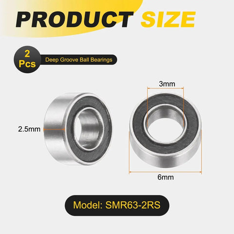 Two Pack SMR63 2RS Deep Groove Ball Bearings 3 Millimeter By 6 Millimeter By 2.5 Millimeter Size Double Shielded 440C Stainless Steel ABEC 5