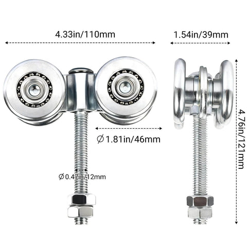 2Pcs Wheel Trolley Assembly Barn Door Rollers with dimensions for 1-3/4" wide and 2-1/4" tall rail hanging track.