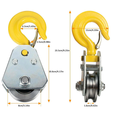 Front and side view of 2Ton Pulley Hook Heavy Duty Pulley Lifting Block Hoist with Hook for 5/8" Wire Rope Snatch Block 1Pack