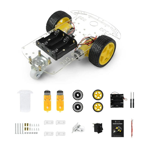 2WD Robot Car Chassis Kit With TT Motors Battery Box Acrylic Chassis And Two Wheels For DIY Projects components displayed