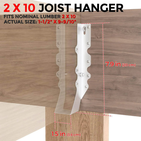 2x10 metal face mount joist hanger installed on wood, dimensions shown, part of ✝️ 20 Pcs 2x10 Joist Hangers,20 Gauge Metal Face Mount Joist Hanger, Lu210 Joist Hangers Galvanized, Hurricane Ties for Rafter, Rafter Brackets 2x10 for Deck,Floor,Roof Overhang and Ceiling Joist designed for smooth motion and stable alignment in.