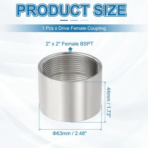 PATIKIL 304 stainless steel 2x2 inch female BSPT pipe coupling, straight, front view