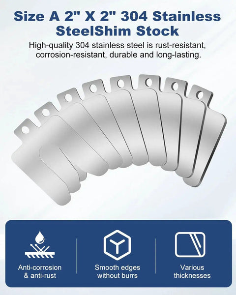 Leveling Shim Kit For CNC And Auto Shop Use MUZIK 32 Piece Stainless Steel Shims Set shown in 2x2 inch size with anti-corrosion features
