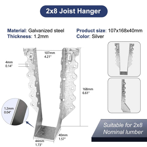 2x8 Joist Hangers 18 Gauge Galvanized Steel Face Mount Bracket for Deck Floor Rafter Framing Ceiling - 107x168x40mm size.