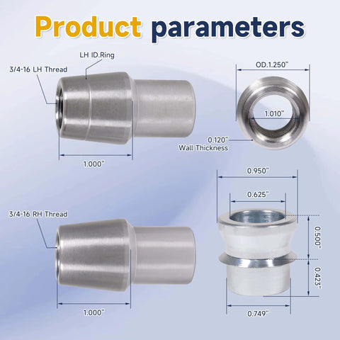 3/4 Heim Joints Rod End Kit with Right and Left Hand Threads, 0.75 Chromoly Suspension, tube adapters, product parameters diagram