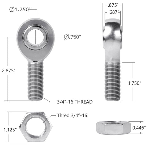 Diagram of 3/4 Inch Heim Joint from the 3/4 Heim Joint Rod End Kit with Right and Left Hand Threads, .750 Chromoly Panhard Joints Set