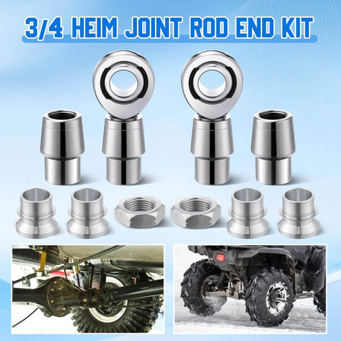 8 pcs 3/4 inch Heim Joint Rod End Kit with chromoly suspension joints, round tube adapters, misalignment spacers, jam nuts, in use on vehicle