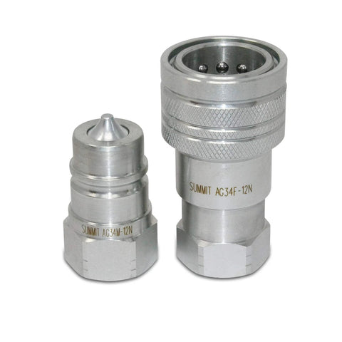 Summit hydraulic quick-connect coupler set, 3/4 in NPT thread, two silver metal fittings with knurled grip