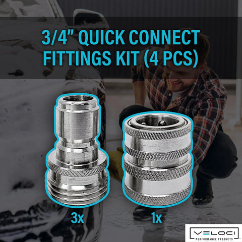 MTM Hydro garden hose quick-connect adapter set, 4 pieces: 3 small stainless fittings and 1 larger connector, close-up