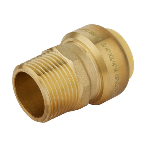 Three quarter inch brass push to connect male adapter for copper, PEX, CPVC, PE-RT pipes with disconnect clip, front view.