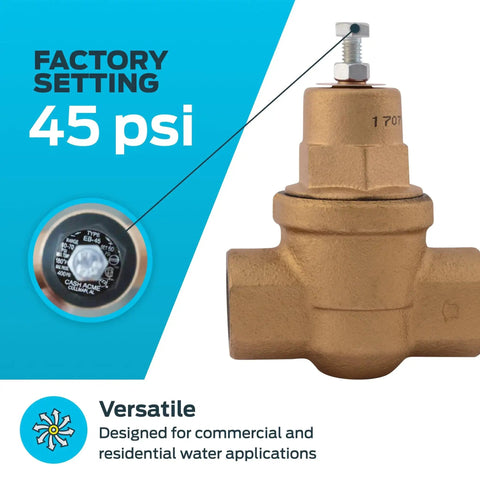 Performance Driven Three Quarters Inch EB75 FPT To FPT Pressure Regulator Valve With 45 PSI Setting, Durable Brass, Model 23000 0045