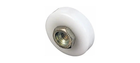 Three Quarters Inch Diameter Shower Door Roller With Flat Edge Nylon Tire, Steel Ball Bearings And Threaded Hex Head Hub