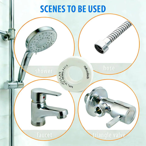 Image showing Three Quarter Inch PTFE Thread Tape for Plumbers with uses for shower, hose, faucet, and triangle valve.