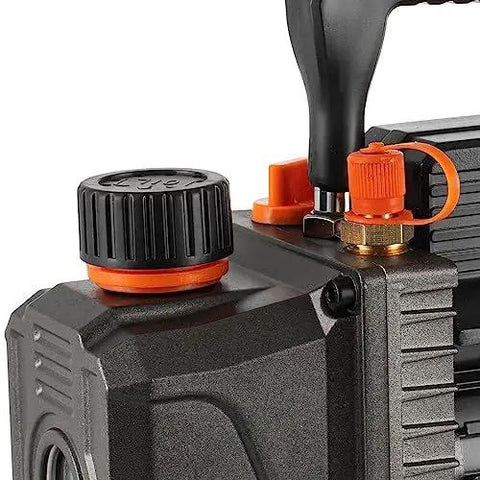 Close-up of Pro Grade 3.5 CFM Single Stage Vacuum Pump For HVAC Systems with handle, oil cap, and connections visible.