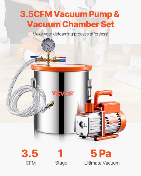 VEVOR 5-gallon stainless vacuum chamber with orange acrylic lid and 3.5 CFM pump kit, gauge, and hoses.