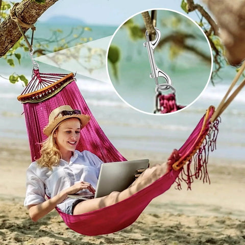 Woman relaxing in pink hammock near beach with inset of 3.5 Inch Double Ended Snap Hooks 110lbs Zinc Alloy Heavy Duty Bolt Snap Clips