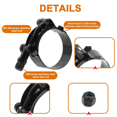 2 Pack 3.5 Inch Stainless Steel T Bolt Hose Clamps 95 To 103mm Clamp Range For 3.5 Inch Hose Outer Diameter with black coated band and parts details.