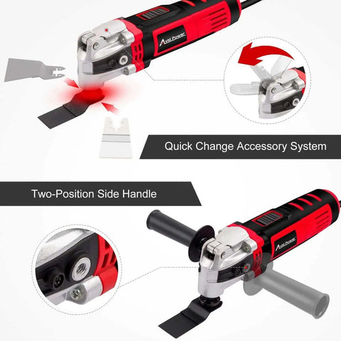 3.5 Amp Oscillating Multi Tool with 4.5 degree oscillation, quick change system, auxiliary handle, saw accessories visible