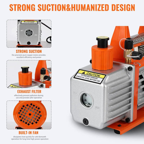 3.5 CFM 110V Single Stage Rotary Vane Vacuum Pump with strong suction, exhaust filter, and built-in fan