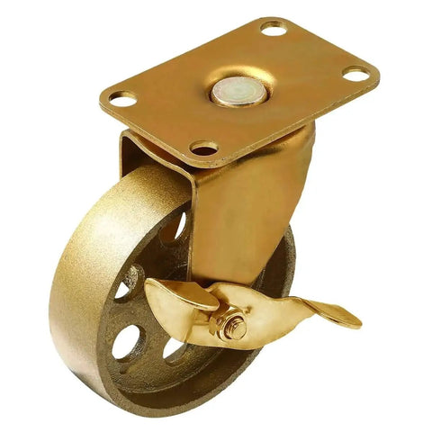 3.5 Inch Brake Locking Caster Swivel Wheel Set Of 4 With Copper Antique Gold Finish Cast Iron Industrial Heavy Duty Retro