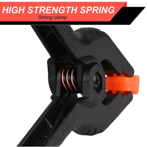 Close-up view of 12 Pack 3.5 Inch Plastic Spring Clamps Heavy Duty Nylon Craft Clips with high strength spring mechanism.
