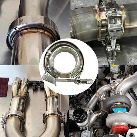 Image showing a 2 Pack 3.5 Inch Quick Release V Band Clamp With 304 Stainless Steel Male And Female Flanges For Exhaust Downpipes Intercooler Piping Charge Pipes And Intake Tubes Easy Install And Removal, depicted in various installation scenarios on automotive exhaust systems.