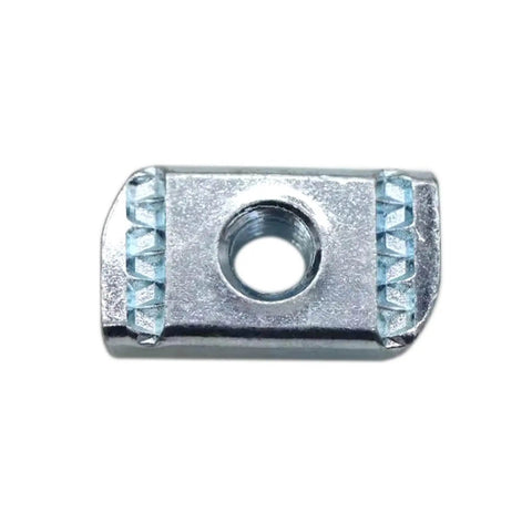 Close-up of thickened 3/8-16 strut channel nut with zinc plating, showing no-spring design for tool-free mounting on slotted channels.