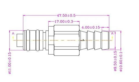 Technical diagram of 3/8 Inch Quick Connect Hose Fittings With Shut Off Check Valve showing dimensions and food-grade plastic material.