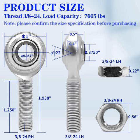 3/8 x 3/8-24 Heim Joint Rod End Kit with RH & LH Threads shown with dimensions and chromoly material details, 7605 lb load capacity.