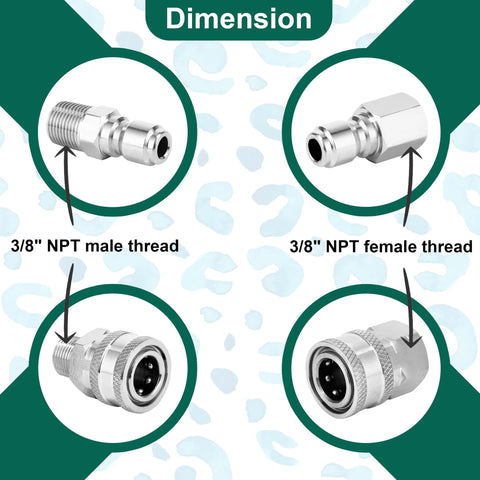 Set of four stainless steel 3/8 in pressure washer fittings: NPT male, NPT female, and quick-connect couplers.
