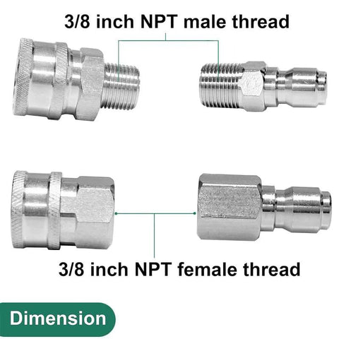 3/8 inch NPT quick-connect fittings, male and female, metal chrome finish, pressure washer hose kit, 8 pieces
