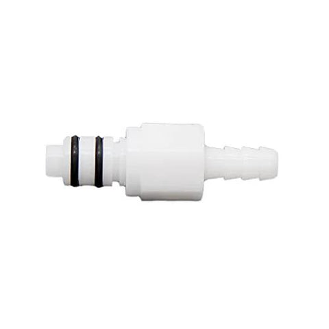 Side view of 3/8 Inch Quick Connect Hose Fittings With Shut Off Check Valve For Gas, Liquid And Beer Lines in white plastic.
