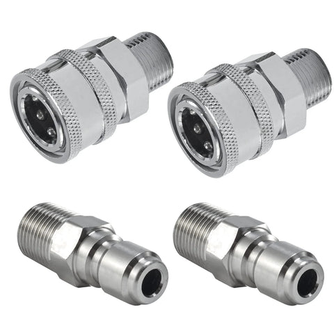 Raincovo 3/8 inch pressure washer quick-connect fittings, 4-piece set with male-thread adapters, chrome-plated steel