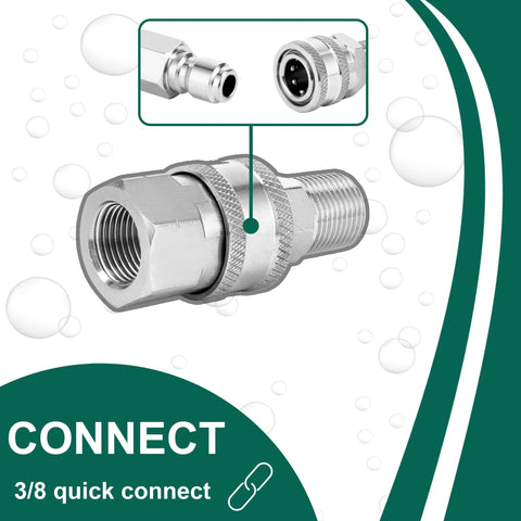 Stainless steel 3/8 inch quick-connect fitting for pressure washers, NPT male and female ends