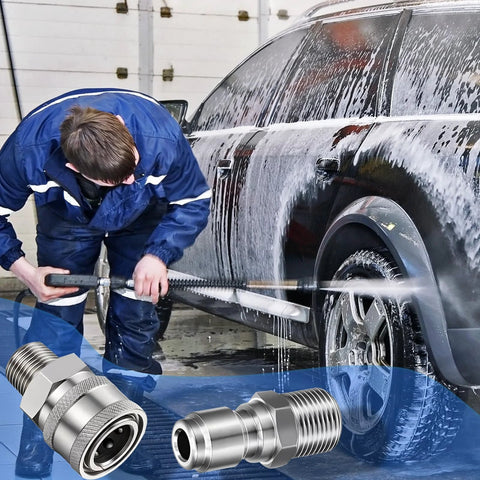 Close-up of four 3/8-inch stainless steel pressure washer quick-connect fittings (4-pack) with male and female threads.