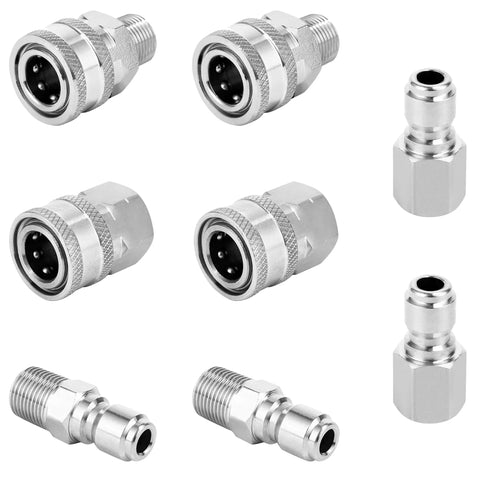Stainless steel 3/8 in quick-connect fittings set for pressure washers; includes female couplers and male adapters.