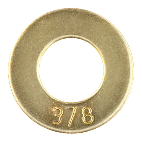 3/8 Inch Grade 8 SAE Flat Washer Thru Hardened Yellow Zinc, close-up showing size marking and yellow zinc finish