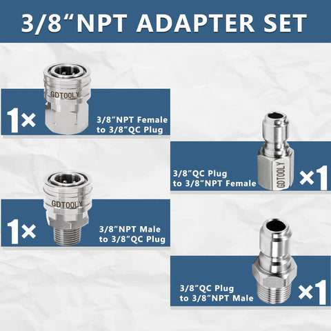 Pressure washer quick-connect kit: four 3/8 in stainless steel fittings (NPT/QC) with male and female plugs.
