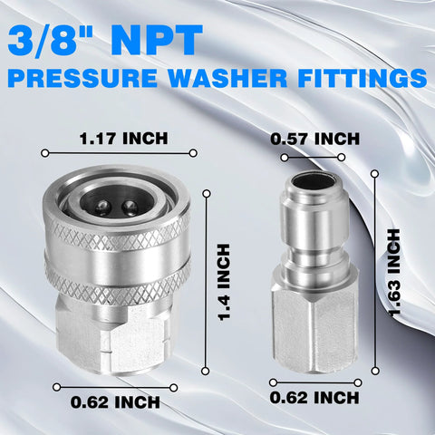 TasuoX 3/8 in NPT pressure washer fittings: two stainless steel quick-connect adapters, female and male, with knurled grip