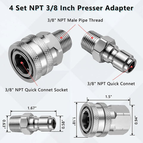 Senlinyu 3/8 in stainless steel pressure washer quick-connect adapter kit, 4 pcs, NPT threads