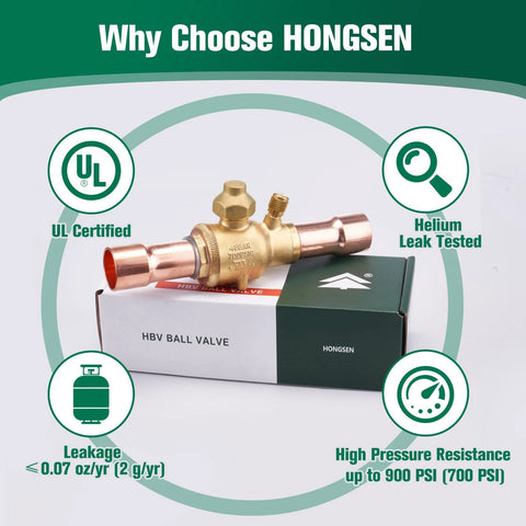 Brass refrigeration ball valve 3/8 ODF with copper tube solder connections, UL listed, helium leak tested