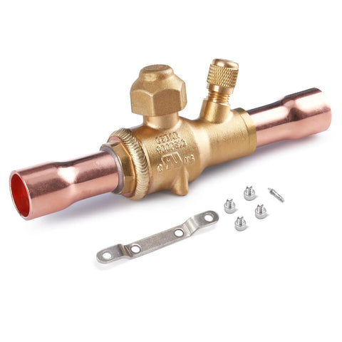 Brass refrigeration ball valve with copper tube ends, 3/8 ODF, includes strap and screws