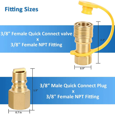 Six Piece 3/8 Inch LP Propane And Natural Gas Quick Connect Fittings Kit showing female quick connect valve and male quick connect plug.