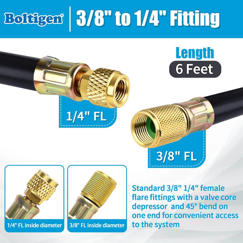 Boltigen 6 ft black vacuum refrigerant hose with 3/8 to 1/4 flare fittings for AC/refrigeration